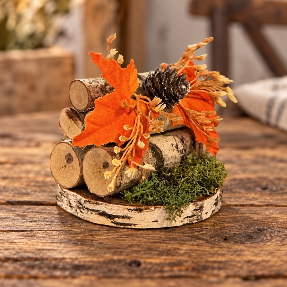 Handmade Birch Log Fall Centerpiece Rustic Woodland Autumn Decor 4x4x3.25